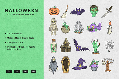 Halloween Vector Illustration Set – 20 Hand-Drawn Spooky Icons illustration