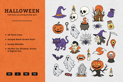 Halloween Icon Set – 28 Hand-Drawn Spooky Vector Illustrations holiday