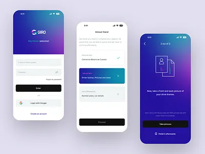 Giro Driver App colorfull driver login onboarding register ride