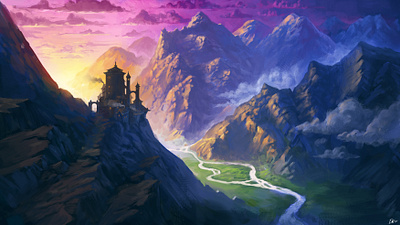 Sunset Over The Valley castle concept art cover art digital art digital painting environment fantasy illustration mountains photoshop sunset valley