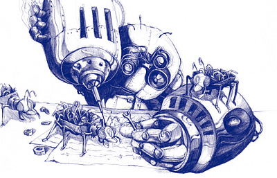 The perfect cogwheel – fixing the ant ant ballpoint blue book cog graphic design illustration mechanic monochrome pen robot