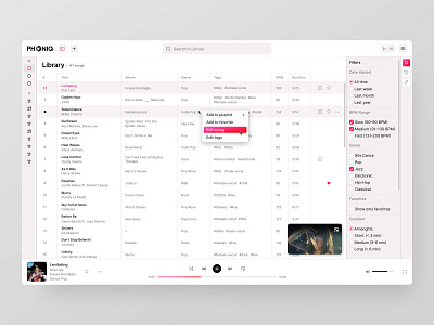 Phoniq – Advanced Filtering & Track Actions albums apple music dashboard desktop app favorites filtering filters genre macos app music app music player play song product design product designer songs sort music tagging tracks ui design ux design