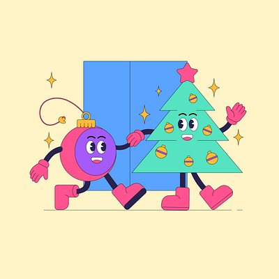 Cartoon Christmas tree and ornament character cartoon celebration character christmas cute decoration festive happy holiday illustration joyful ornament retro season tree vintage