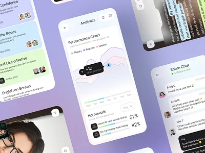 EdTech App UI – Language Learning & Analytics Dashboard analytics dashboard app concept chat app ui edtech app edtech design education app design homework tracker language learning app learning app learning dashboard mobile app mobile app design modern ui online learning process tracking product design student app study app teaching app ui ux