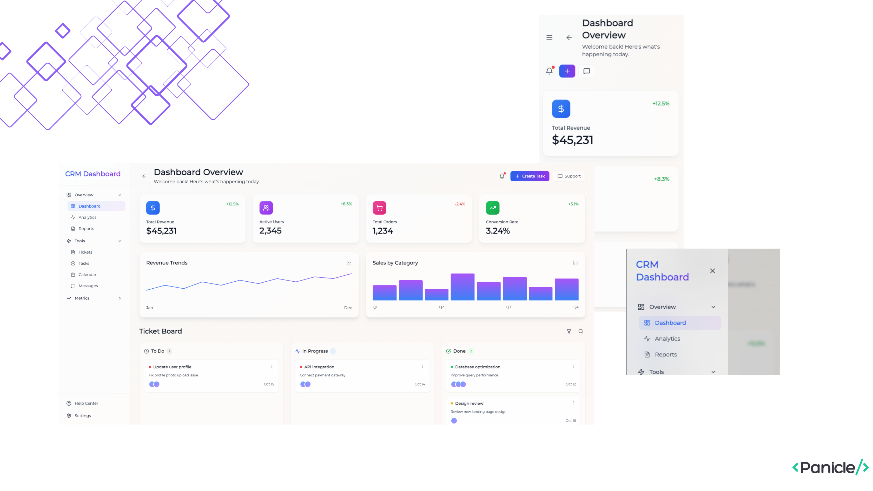 Modern CRM Dashboard by Panicle Tech 3d animation code crm css dashboard framer motion fullstack html illustration react threejs ui web