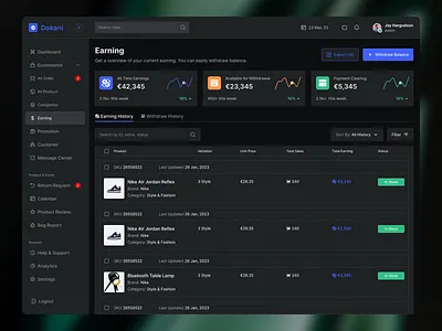 Earning Page - E-commerce Dashboard Design (Dark Mood) 🛍️ animation app design branding clean dashboard design design e commerce dashboard earning page earning page design illustration minimal ui ui design ui ux design ux ux design vendor design web design