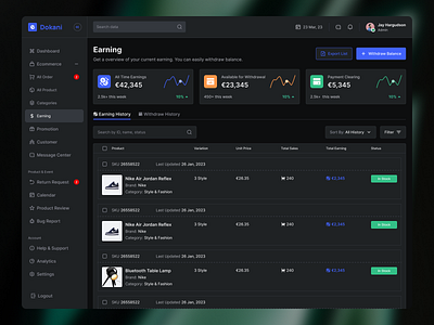 Earning Page - E-commerce Dashboard Design (Dark Mood) 🛍️ animation app design branding clean dashboard design design e commerce dashboard earning page earning page design illustration minimal ui ui design ui ux design ux ux design vendor design web design