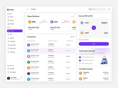 Finvest Crypto Dashboard – Seamless Conversion UI bitcoin dashboard crypto currency crypto dashbaord currecny exchange currency converter dahbaord ui dashboard finance dashboard fintech fintech dashboard money converter product design saas product ui ux design web app web ui website