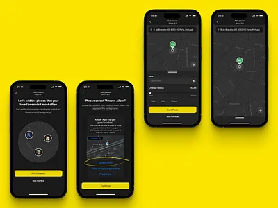 Mobile Safety App. Onboarding and Adding Location app design emergency service interface location location tracking map mobile design onboarding permissions product protection safety settings ui ux yellow