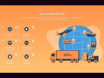 Our Service Section of Truck Dispatching behance cargo dribble freight landing page landing page section logistics logistics website modern ui our services responsive design service design shipping transportation truck dispatch trucking ui design ux design website design website section