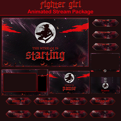Fighter Girl Animated Full Stream Package weeb twitch overlay