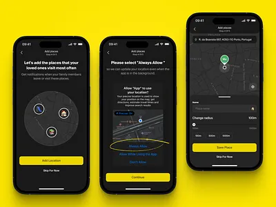Mobile Safety App. Onboarding and Adding Location app dark mode dark theme design emergency service interaction interface location map onboarding permissions product protection safety settings ui ux