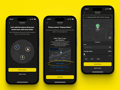 Mobile Safety App. Onboarding and Adding Location app dark mode dark theme design emergency service interaction interface location map onboarding permissions product protection safety settings ui ux