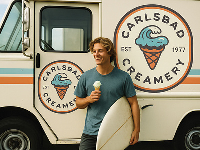 Identity Design: Carlsbad Creamery badge design branding brandmark cartoon food food truck graphic design icecream identity design illustration lettering logo logo design logos ocean retro surf vintage wave
