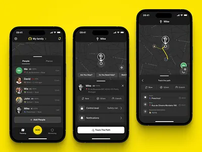 Mobile Safety App. Track the Path address app control dark mode dark theme design emergency service home interface location location tracking map mobile path product protection ui user ux yellow