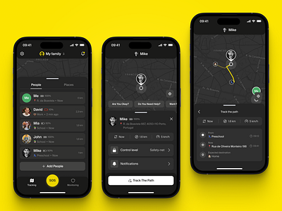 Mobile Safety App. Track the Path address app control dark mode dark theme design emergency service home interface location location tracking map mobile path product protection ui user ux yellow