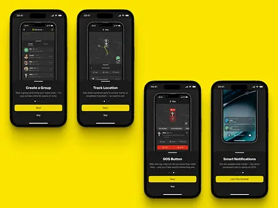 Mobile Safety App. First-time Onboarding address alert app design emergency service features group interface location location tracking mobile notifications onboarding product protection safety sos ui ux yellow