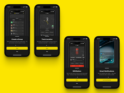 Mobile Safety App. First-time Onboarding address alert app design emergency service features group interface location location tracking mobile notifications onboarding product protection safety sos ui ux yellow