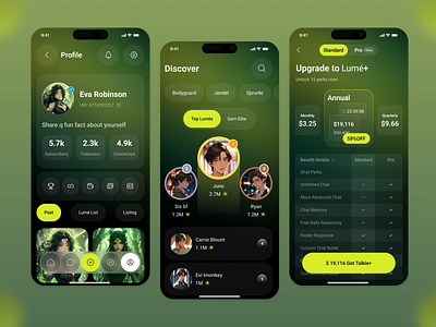 Lumé – Profile, Discover & Premium Flow ai ai app ai assistant ai community ai community mobile app android anime anime app appdesign discoverui greenui ios masud rana palash mobile profileui smart assistant socialapp subscriptionui uiux
