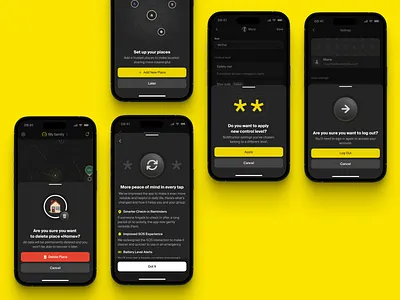 Mobile Safety App. Clear Setup address dark mode dark theme design emergency service home interaction interface lighbox location location tracking mobile notifications permissions pop up product settings ui ux yellow
