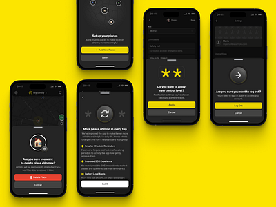 Mobile Safety App. Clear Setup address dark mode dark theme design emergency service home interaction interface lighbox location location tracking mobile notifications permissions pop up product settings ui ux yellow