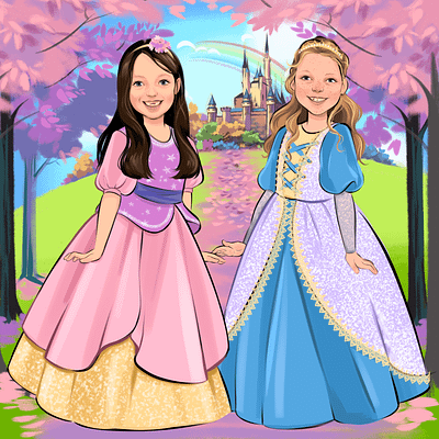 Unique Portrait of Two Girls Dressed as Princesses art digital art hand drawn illustration portrait procreate