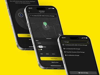 Mobile Safety App. Detailed Location Input address app application button dark theme design emergency service fields input inspiration interface location map mobile product protection safety ui ux yellow