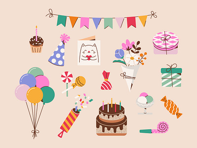 Fun party design illustration style vector вечірка день народження квіти кульки свято торт