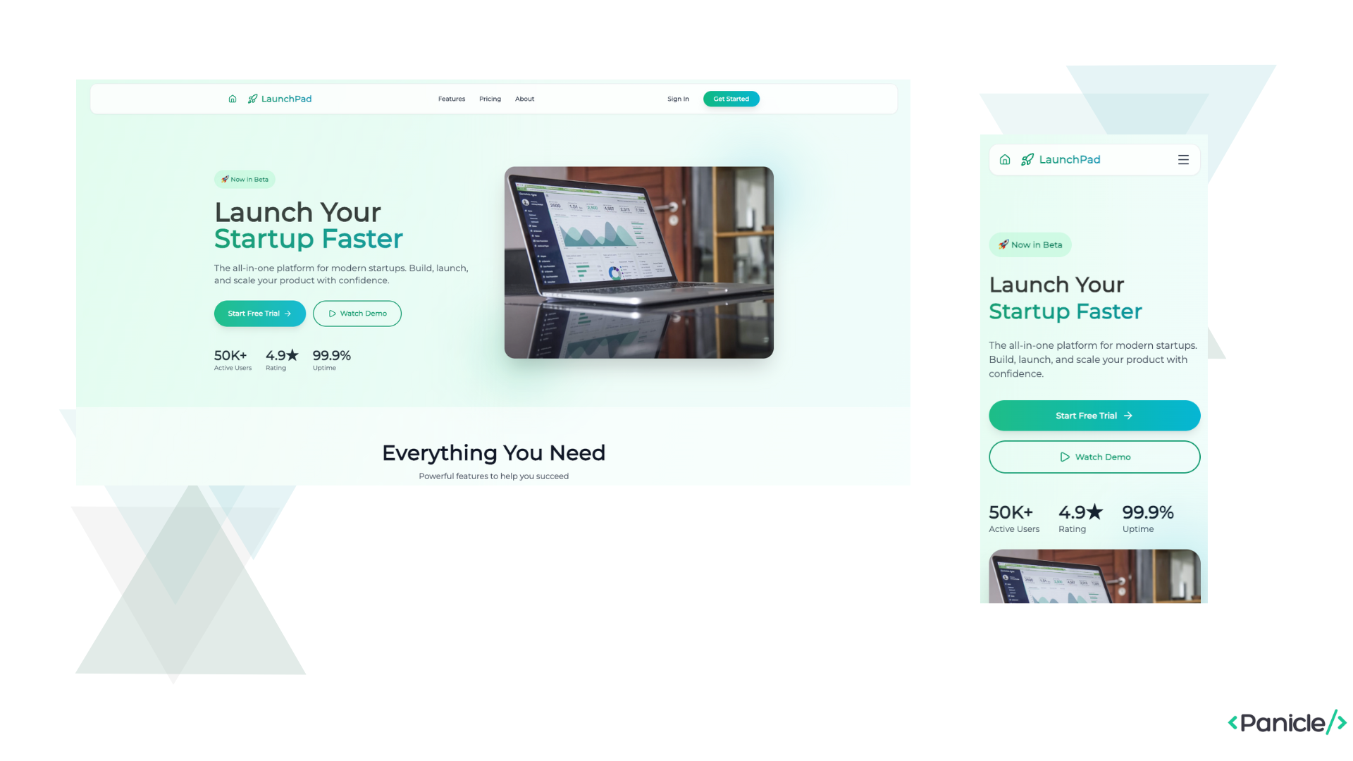 LaunchPad - Startup SaaS Landing Page by Panicle Tech 3d animation code css framer fullstack graphic design html panicle react tailwind ui