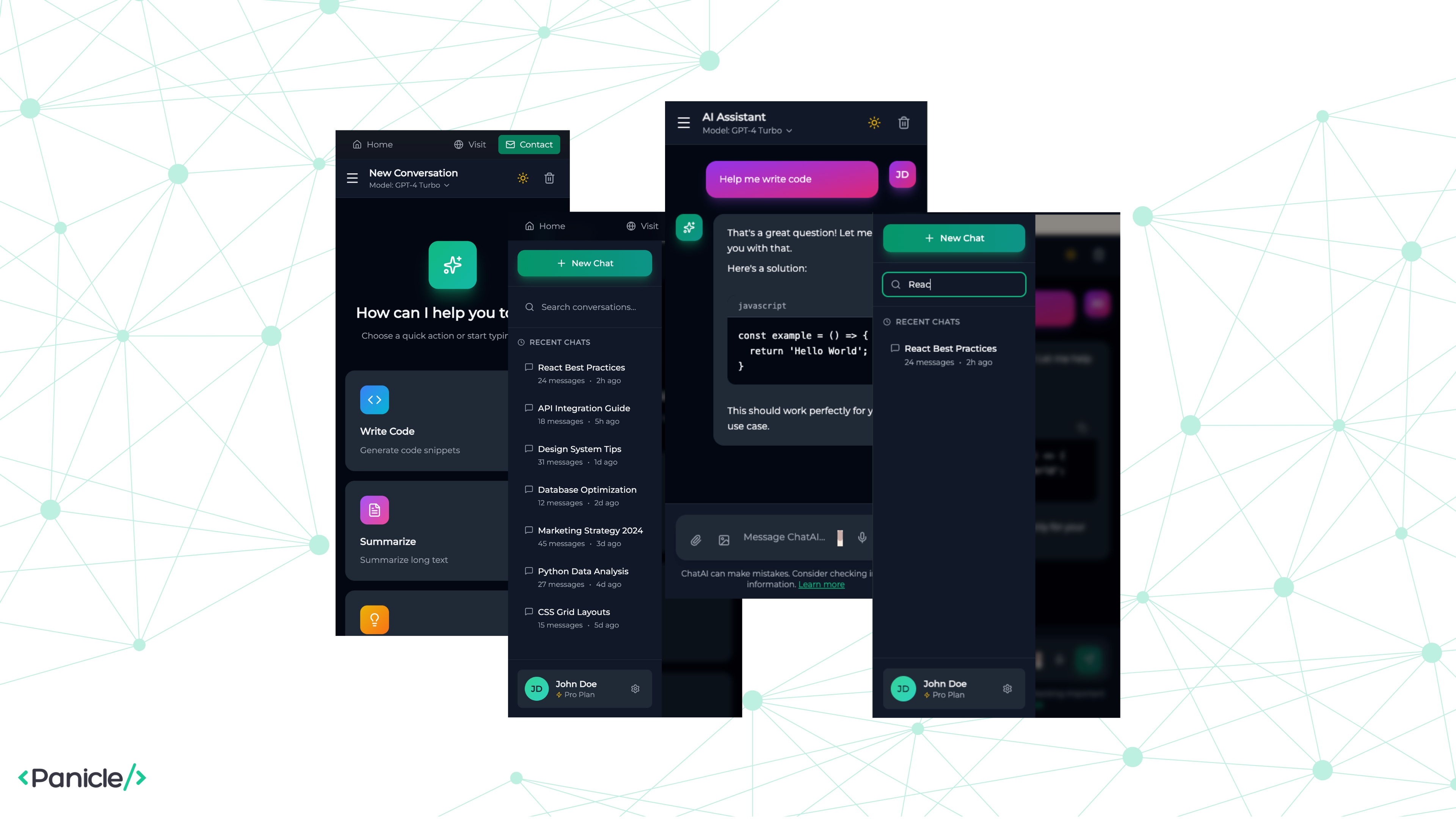 AI Assistant Interface by Panicle Tech 3d 3js ai animation chat chatgpt code css dashboard framer fullstack graphic design html message react ui user
