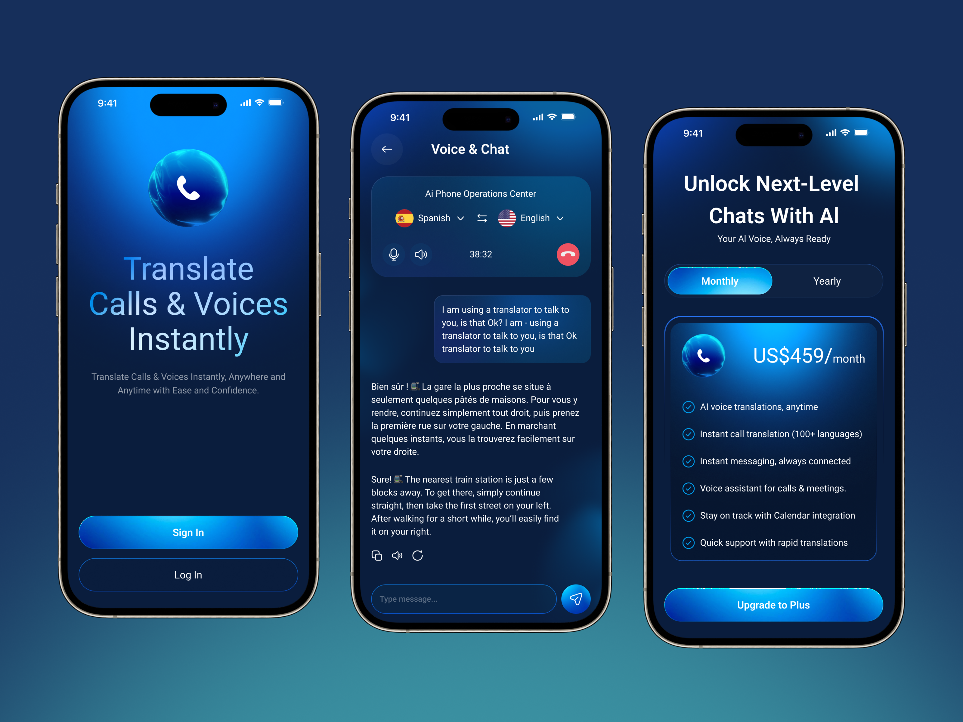 AI Chatbot & Translate Mobile App Design ai ai app app design call voice ui chat app chatbot chatbot ui mobile mobile app mobile design premium plan translate app ui design ui ux user interface