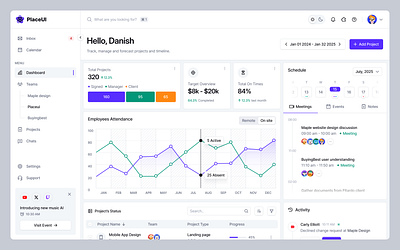 PlaceUI Project Management Dashboard analytics charts colorful components crm dark mode dashboard design system events graphic design light mode navigation placeui project management tables ui