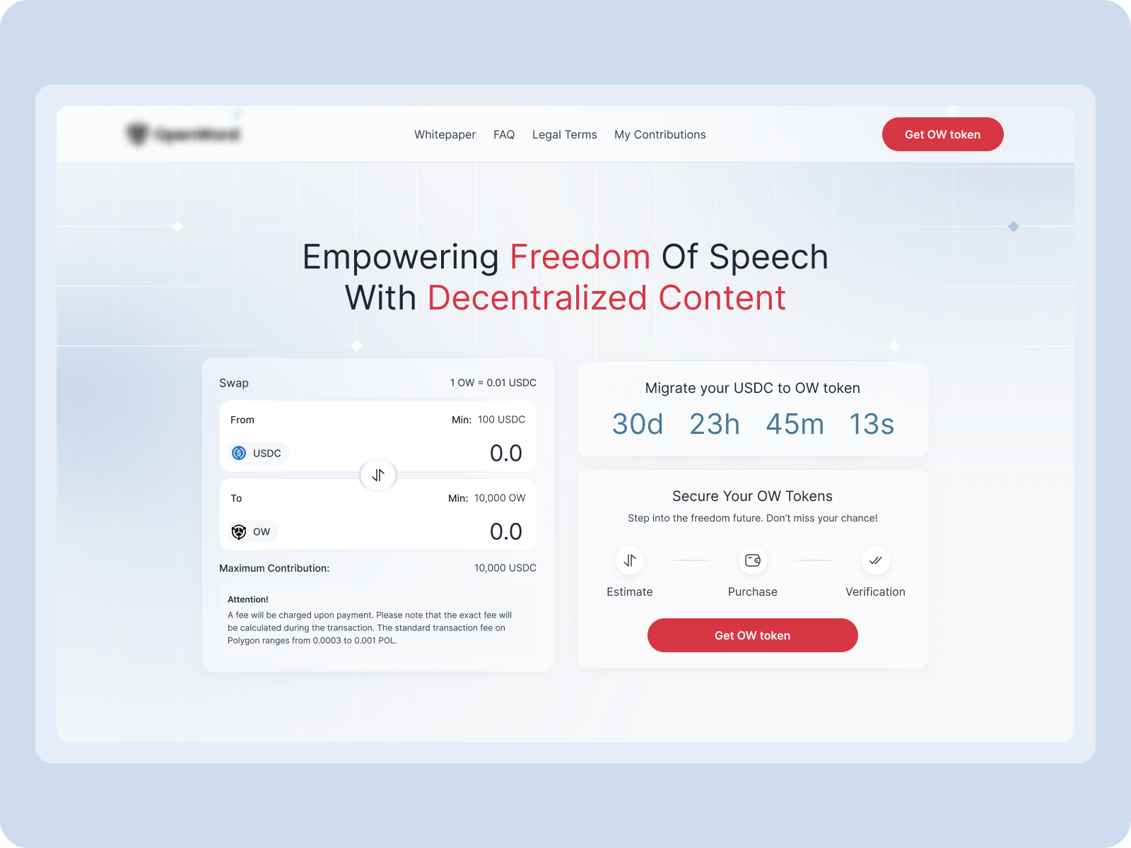 Whitepaper Web App blockchainui blockchainux crowdfundingtimer cryptocontributionui cryptocrowdfunding cryptoinvestmentui cryptopaymentflow cryptopurchaseflow cryptoswapui cryptotransactionui cryptowalletintegration darkmodecryptodesign decentralizedcontent decentralizedfinanceui owtokenpurchase securetokenpurchase tokenmigration tokenswapui usdctoowtokenswap web3uicomponents