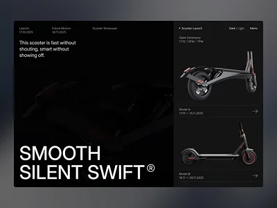 Dark Mode Elegance for a Futuristic Ride. 3d modeling bike charging ecommerce electric scooter hero landingpage mobility rental scooter scooty ui visual design ux vehicle website