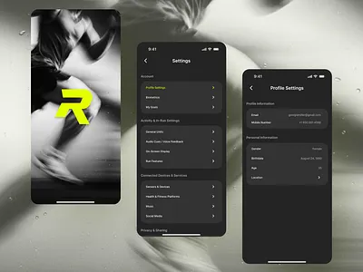 Running App Settings appdesign challenge dailyui darkmode design fitnessapp minimal runningapp settings ui ux