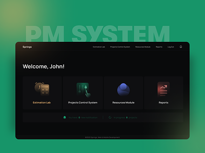 PM system dashboard design glass effect icons table ui uiux