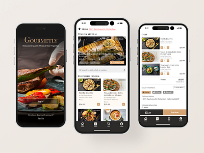 Gourmetly – Restaurant-Quality Food Ordering App app design checkoutux figma foodapp foodtech mobile app productdesign restaurantapp ui uidesign ux design