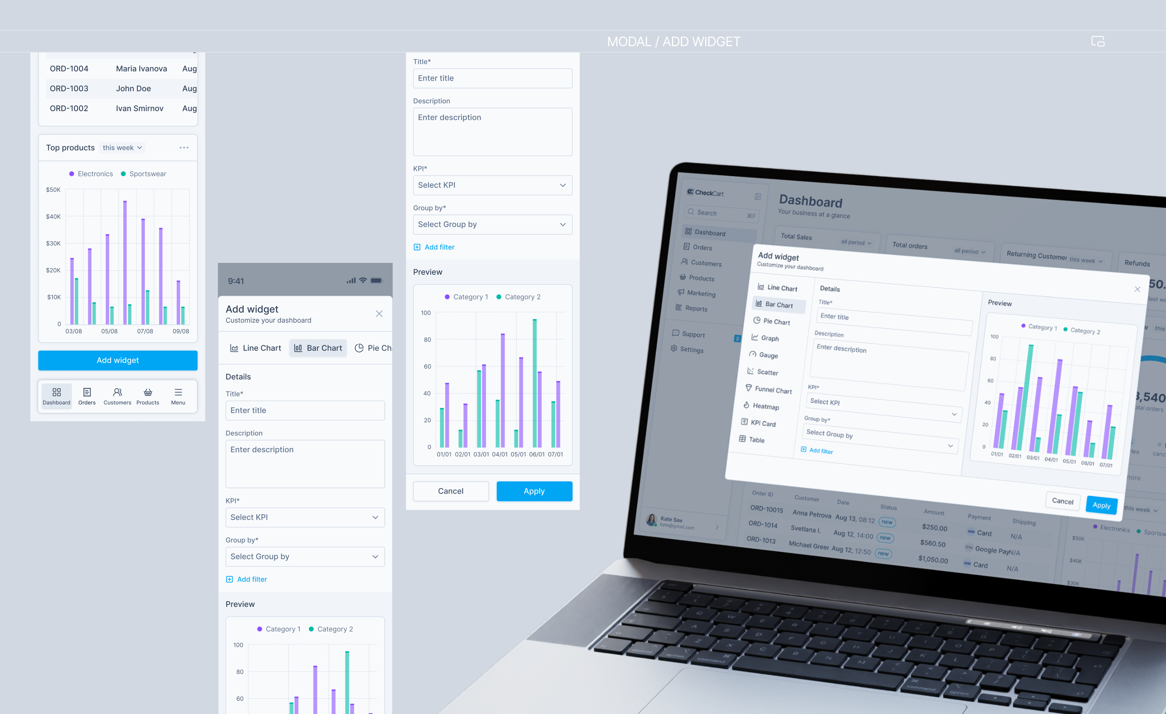 Backoffice for E-Commerce backoffice chart dashboard e commerce graph modal orders table widget