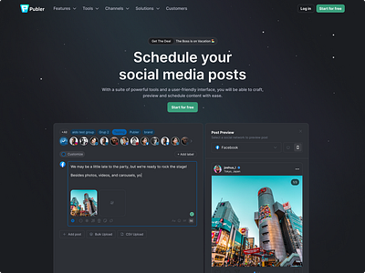 Publer Home Website Concept composer concept create inspiration landing managing media page posts publer schedule social ui website write