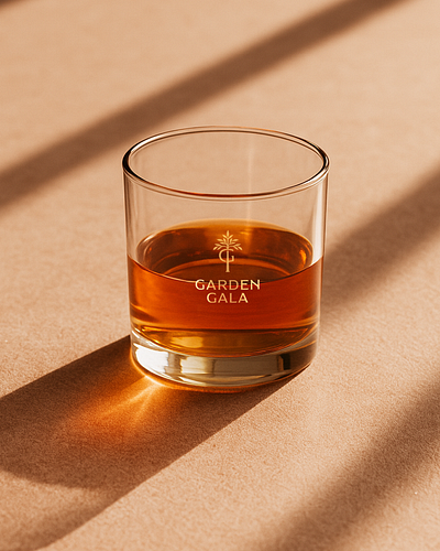 Garden Gala 2026 branding cocktail glass typography whiskey