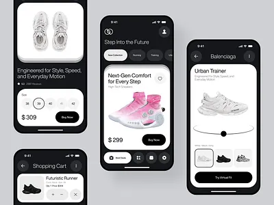 E-Commerce Sneaker App —Shoe Shopping, Virtual Fitting, Store 3d app appdesign concept conceptdesign e commerce ecommerce minimalism mobile mobileapp shoe shoeshopping shoppingapp sneakerapp store typography ui uiux uxui virtualtryon