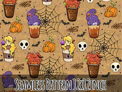 Halloween Coffee Seamless Pattern, Witches Coffee Digital Paper adobe illustrator coffee digital paper graphic design halloween illustration paper paper craft pattern photoshop pumpkin seamless pattern skull spooky sublimation textile design witch witchcraft witches brew