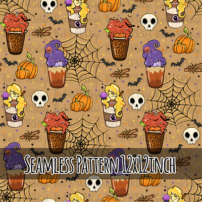 Halloween Coffee Seamless Pattern, Witches Coffee Digital Paper adobe illustrator coffee digital paper graphic design halloween illustration paper paper craft pattern photoshop pumpkin seamless pattern skull spooky sublimation textile design witch witchcraft witches brew
