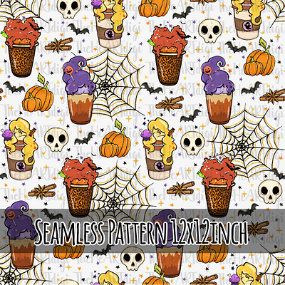 Halloween Coffee Seamless Pattern, Spooky Witch Digital Paper coffee cute digital paper graphic design halloween halloween pattern illustration latte paper patterns seamless pattern spooky sublimation textile textile design witch coffee