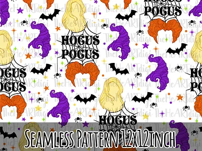 Hocus Pocus Seamless Pattern, Halloween Seamless Pattern bats cute design digital paper graphic design hair halloween halloween pattern halloween textile hocus pocus illustration paper pattern design sanderson sisters seamless pattern spooky sublimation textile design witch witches