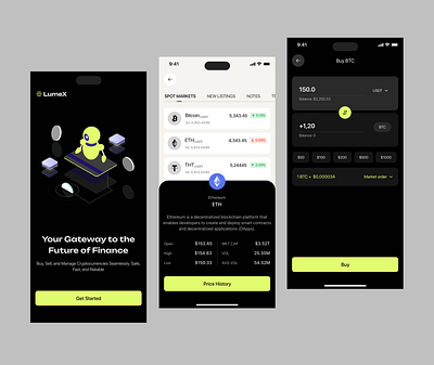 LumeX - Crypto Mobile App bitcoin buy crypto cryptocurrency cryptocurrency app design fintech fintech app interface mobile mobile app mobileapp product design sell stock market trading ui uiux ux