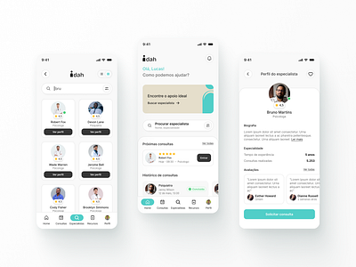 Idah concept app bottombar branding button card clean doctor health light mental navbar profile picture psiquiatra ui