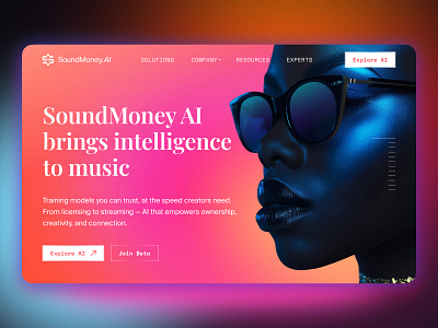 SoundMoney AI: The AI Engine for Modern Music ai apple music blockchain crypto cyber punk futuristic hero page landing page music neon roobinium sound money spotify stream streaming platform tidal ui web3