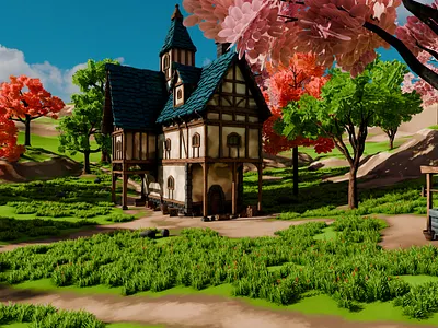 Medieval-House-11-With-Environment-3D-model 3d 3dart 3dmodel art barrel blender3d conceptart design environment exterior fantasy forest game grass house landscape medieval render3d rocks well