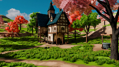Medieval-House-11-With-Environment-3D-model 3d 3dart 3dmodel art barrel blender3d conceptart design environment exterior fantasy forest game grass house landscape medieval render3d rocks well
